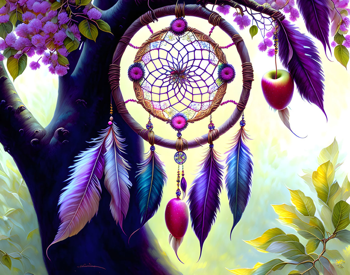 Colorful dreamcatcher with feathers and beads in nature setting.