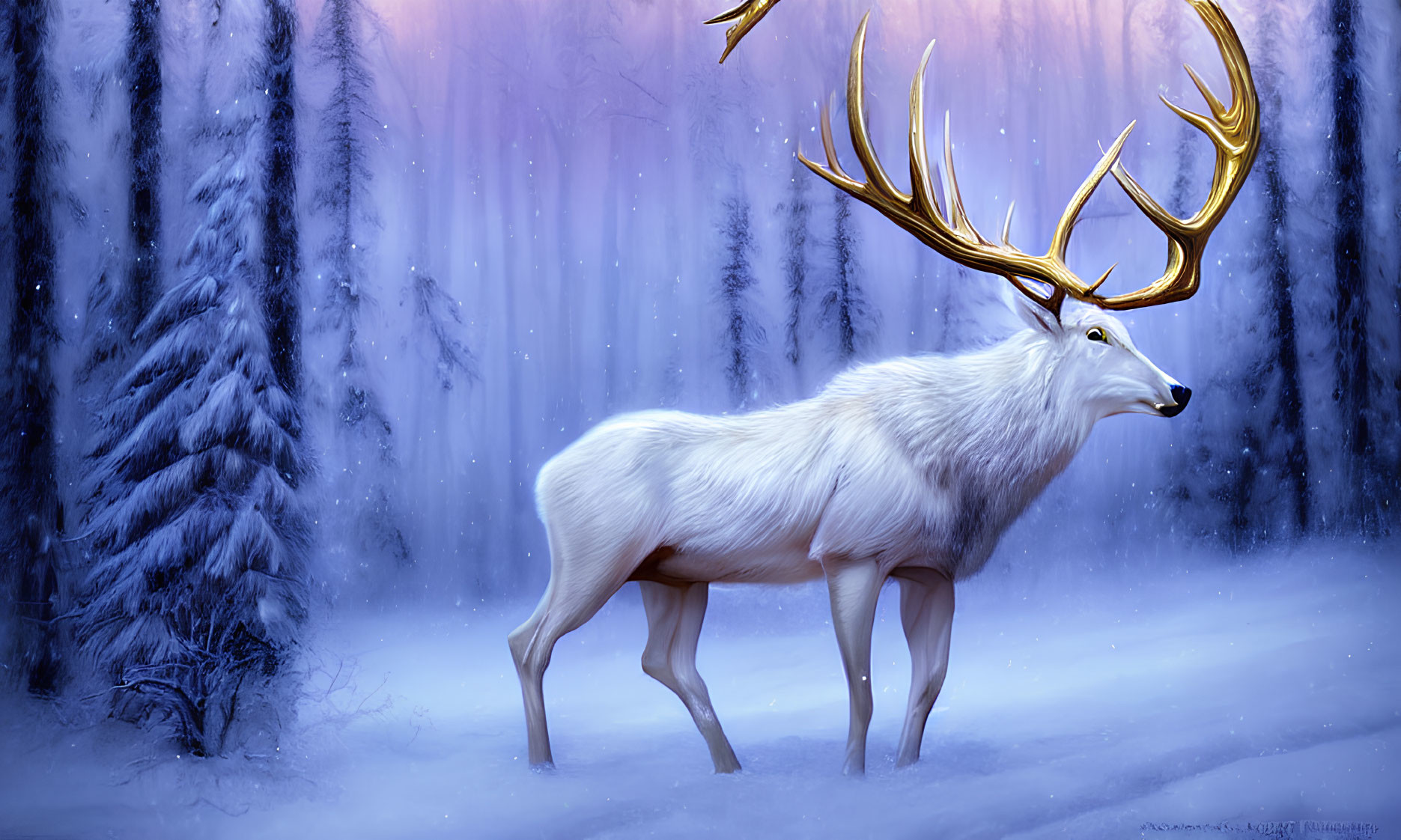 Majestic white stag with glowing antlers in snowy forest