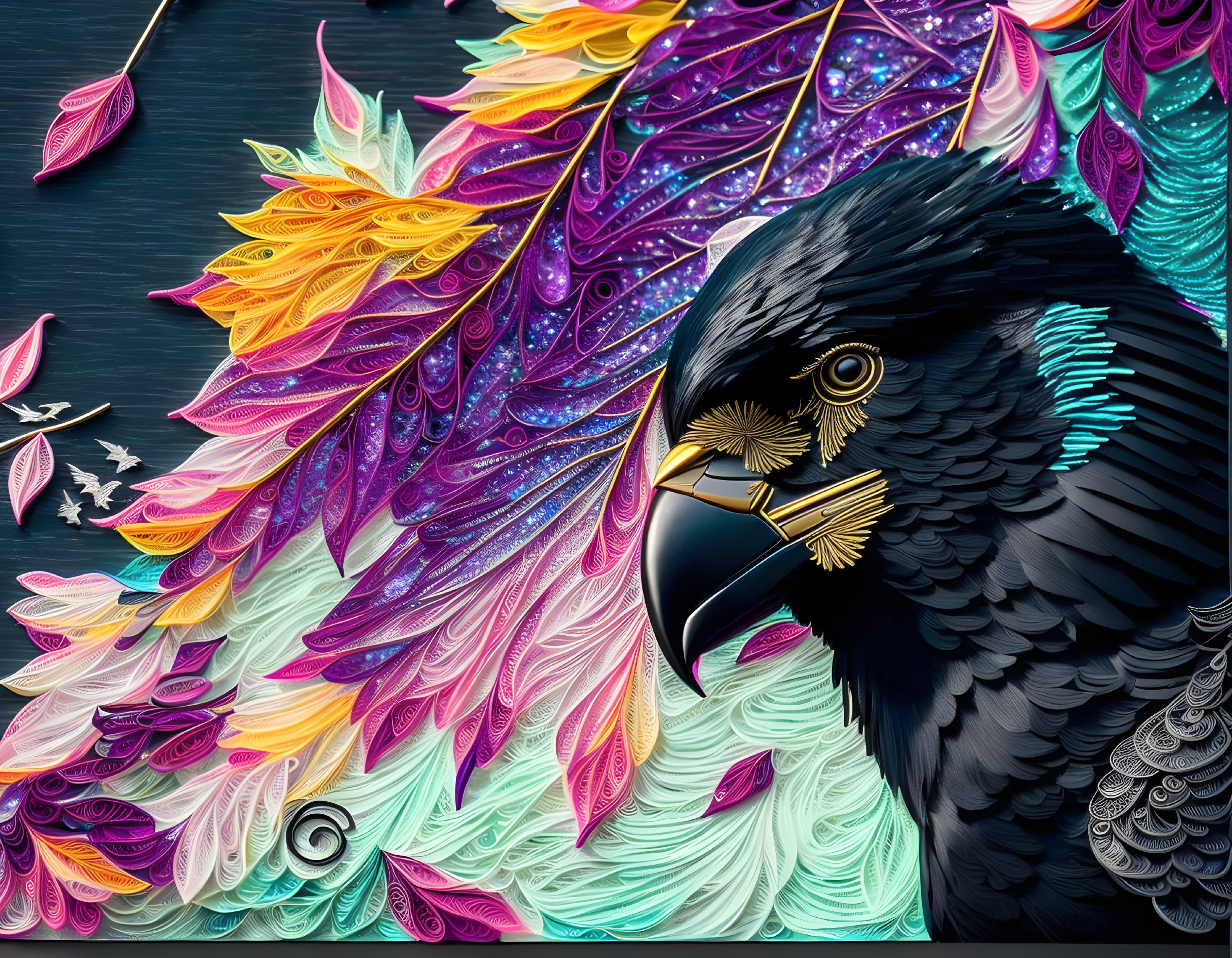 Colorful eagle illustration with vibrant feathered wing on dark background