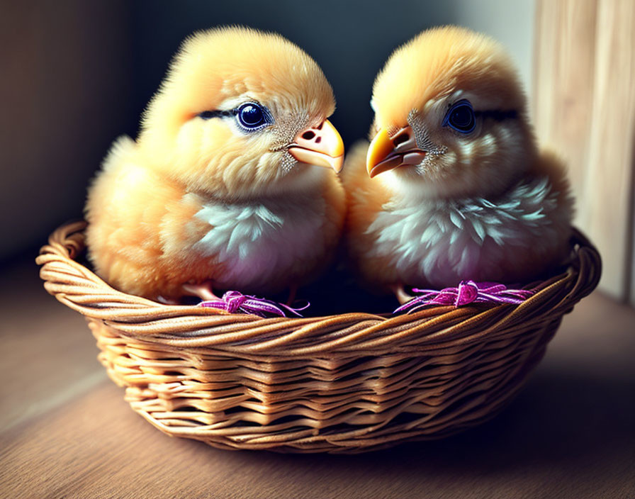 Fluffy yellow chicks in woven basket under soft light