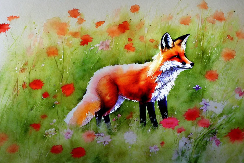 Vivid Watercolor Painting of Red Fox in Field of Flowers