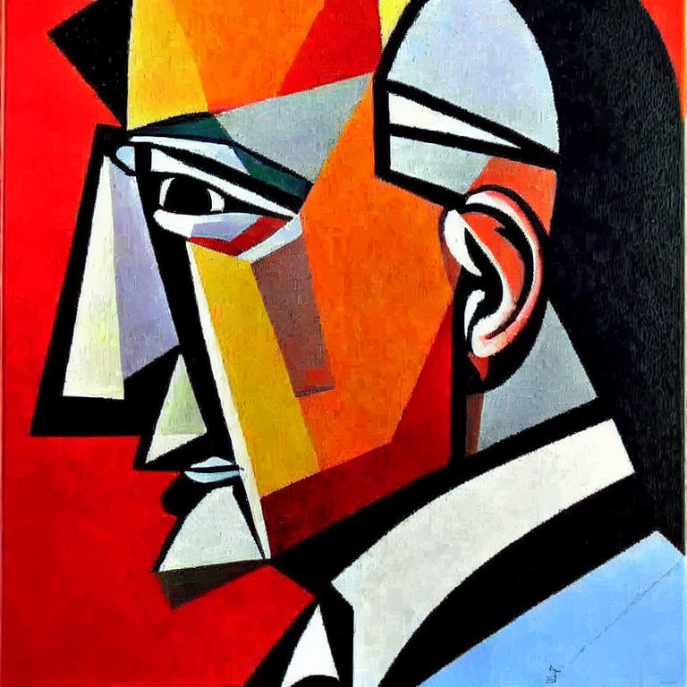 Colorful Cubist Portrait with Geometric Shapes in Red, Orange, Yellow, Black, and White