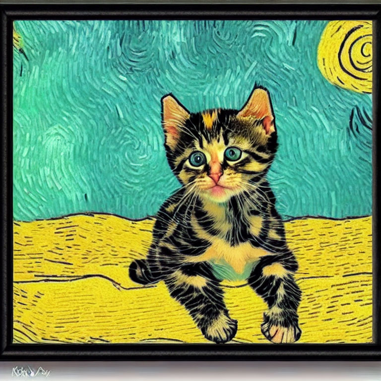 Stylized kitten with stripes and big eyes on Van Gogh-inspired background