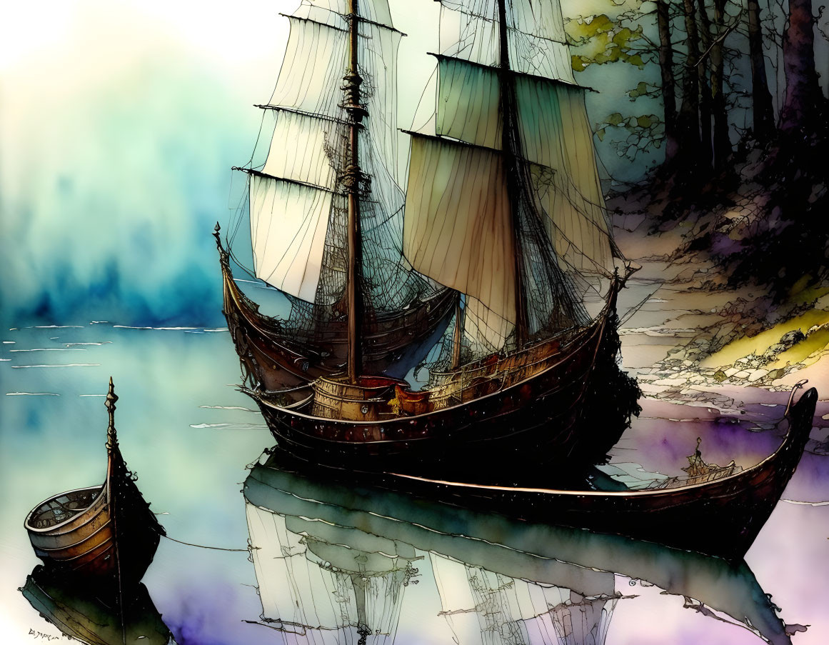 Stylized illustration of sailing ship and rowboat on calm waters