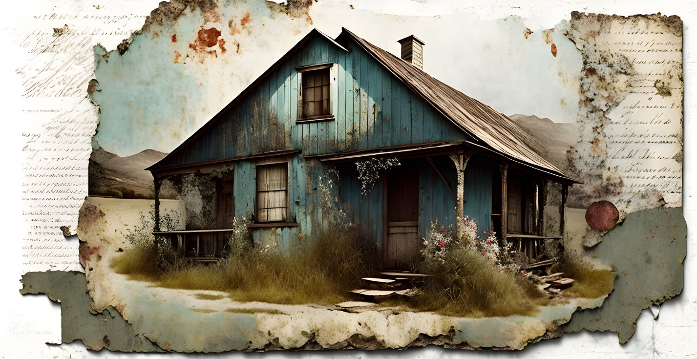 Aged Blue Wooden Cottage on Vintage Paper Background