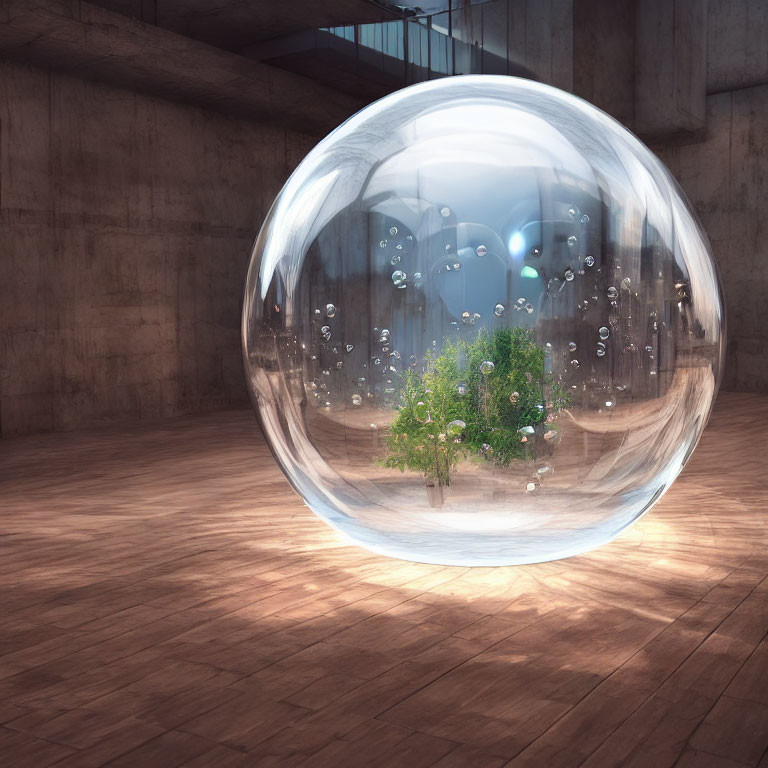 Transparent bubble with tree and water droplets in sunlit room with pillars