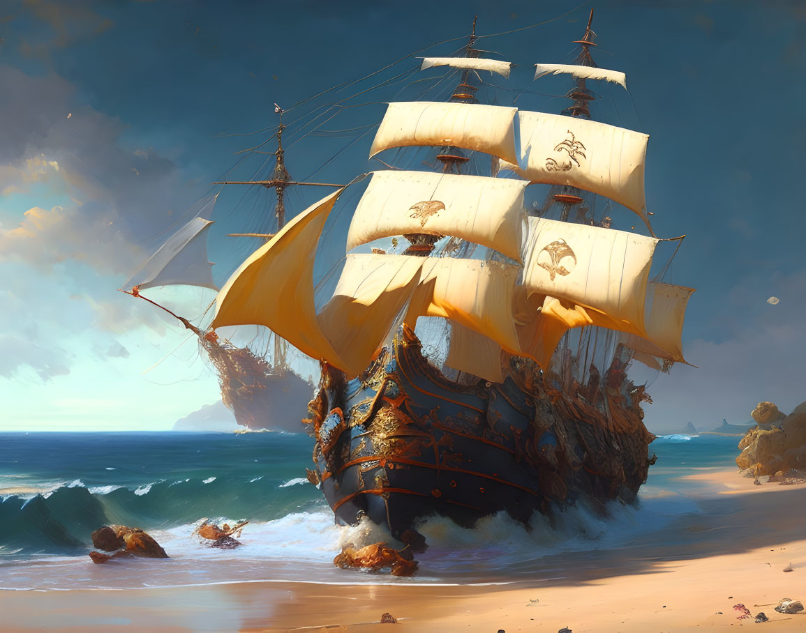 Majestic sailing ship with billowing sails near sandy beach