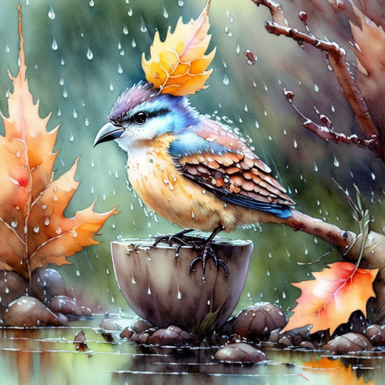 Colorful Crested Bird on Stump in Rain with Autumn Leaves