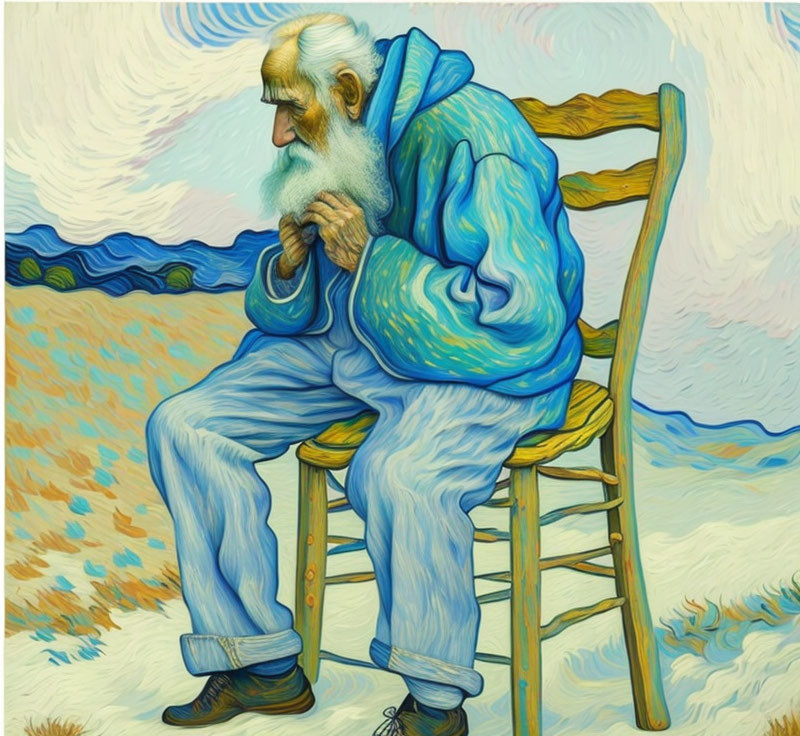 Elderly bearded man in blue robe seated on wooden chair artwork