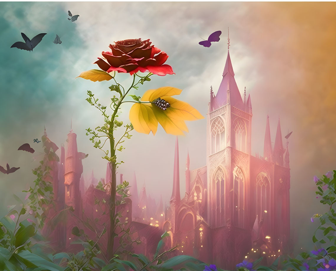 Red and yellow flowers with butterflies in front of a foggy gothic cathedral at dusk