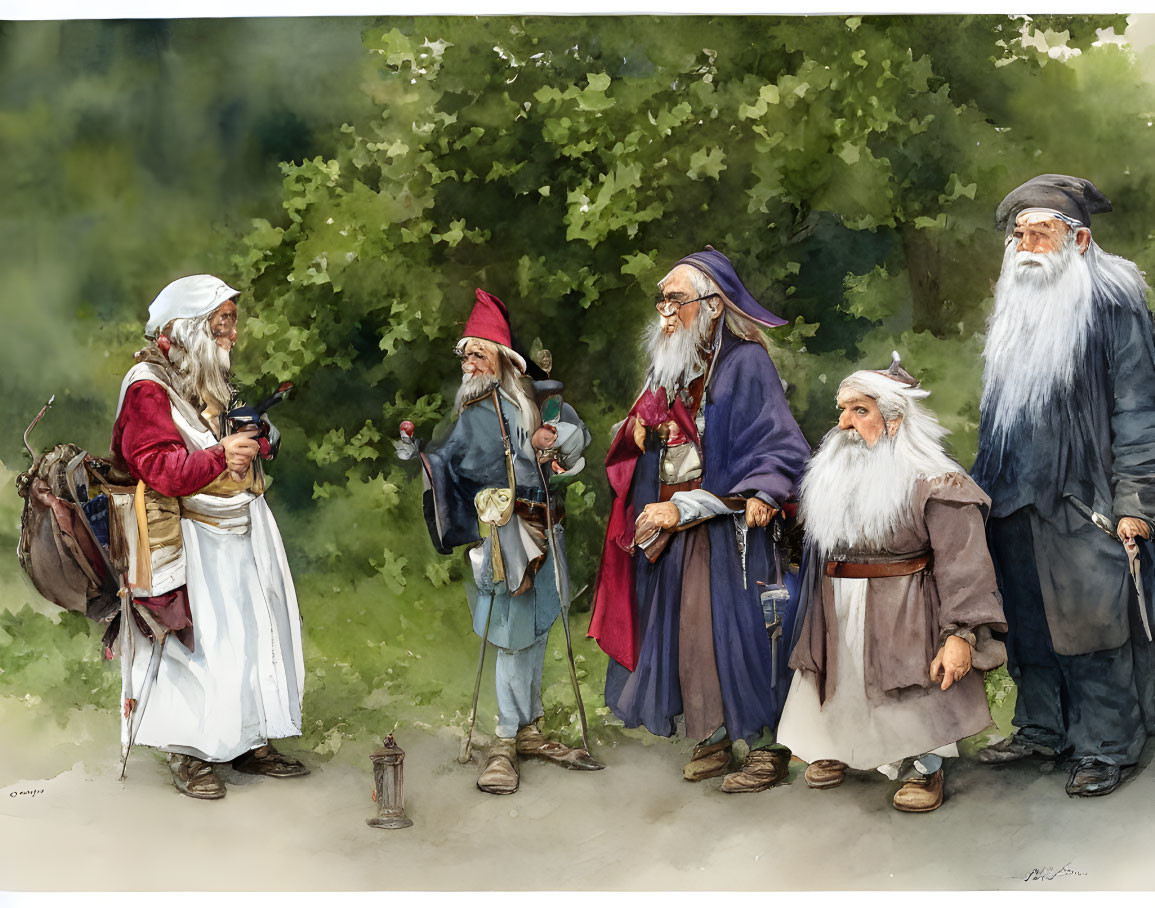 Five Bearded Fantasy Characters in Medieval Clothing with Staffs in Forest Setting