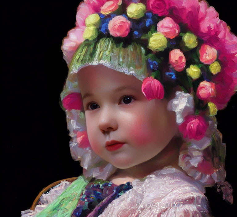 Rosy-cheeked child in colorful flower bonnet on black background