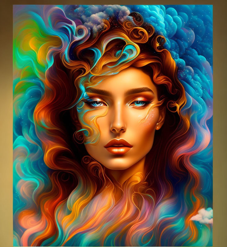 Colorful digital portrait of a woman with cosmic hair and captivating blue eyes