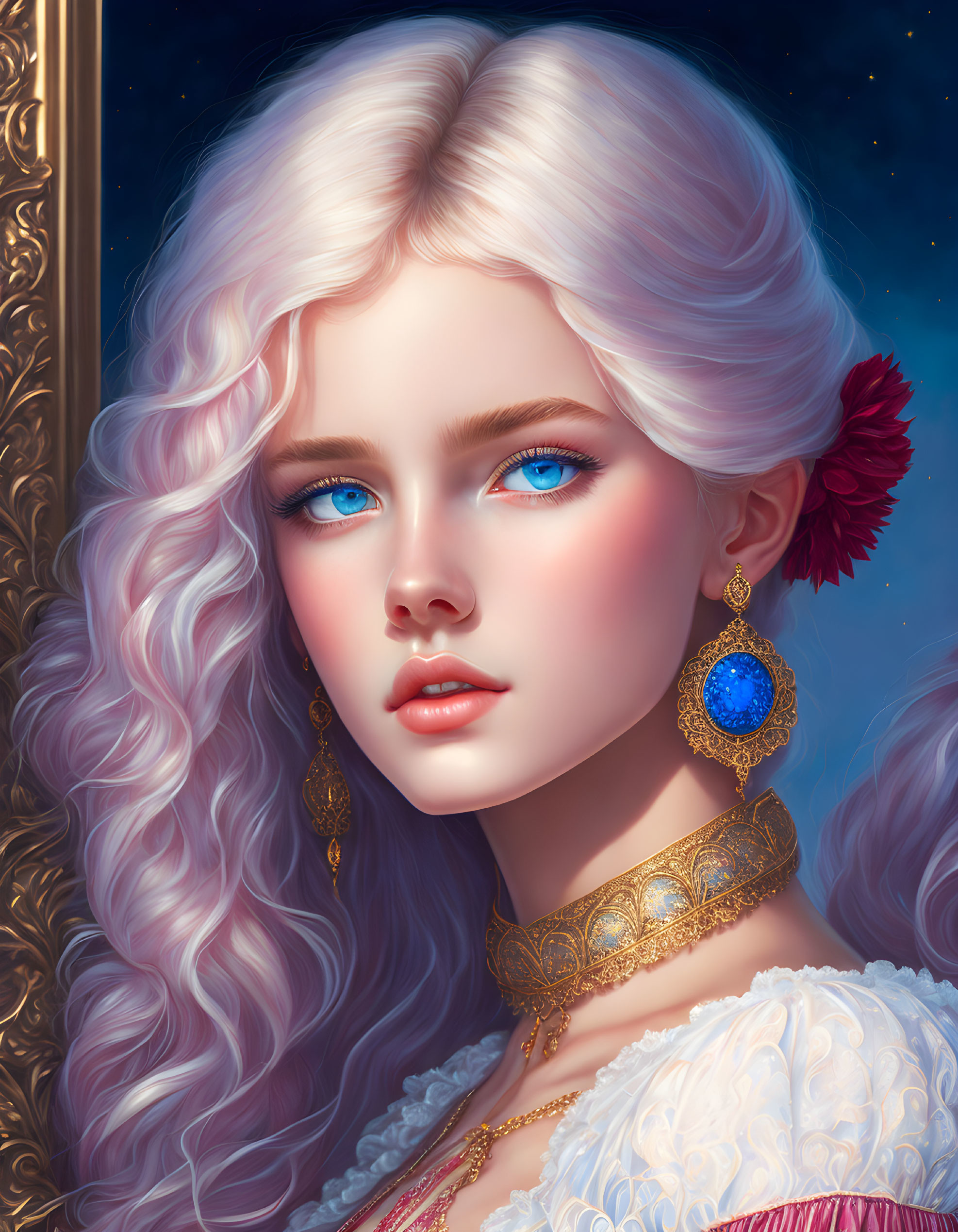 Youthful woman with white hair and blue eyes against starry night.