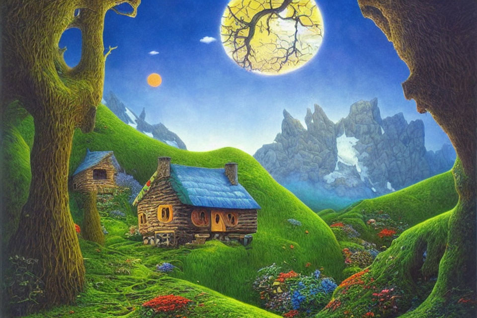 Colorful landscape with cottage, flowers, moon, sun, mountains, and trees.