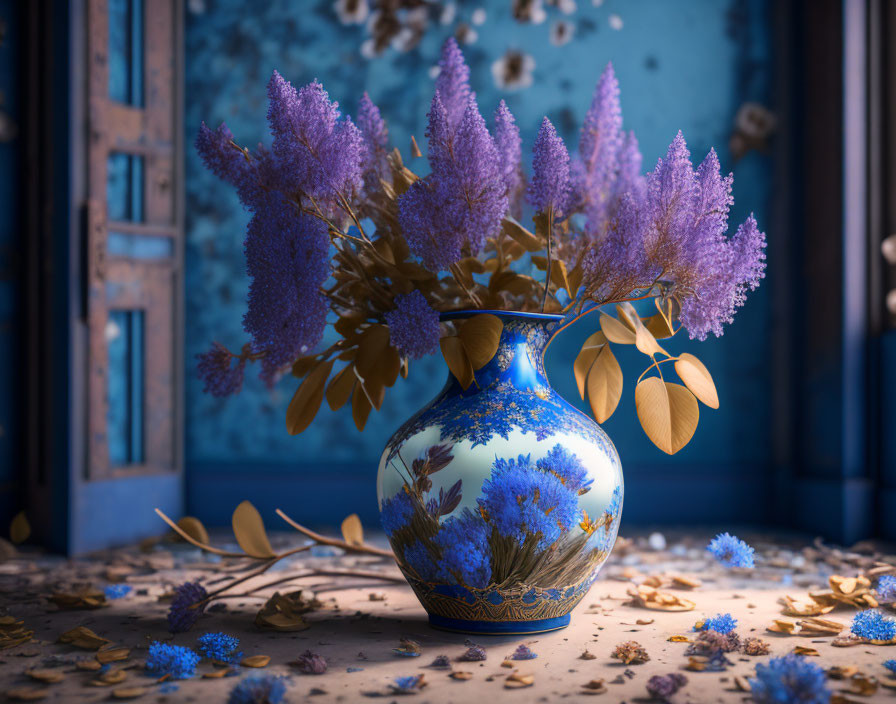 Blue and White Vase with Purple Flowers on Table and Fallen Petals, Blurred Door Background