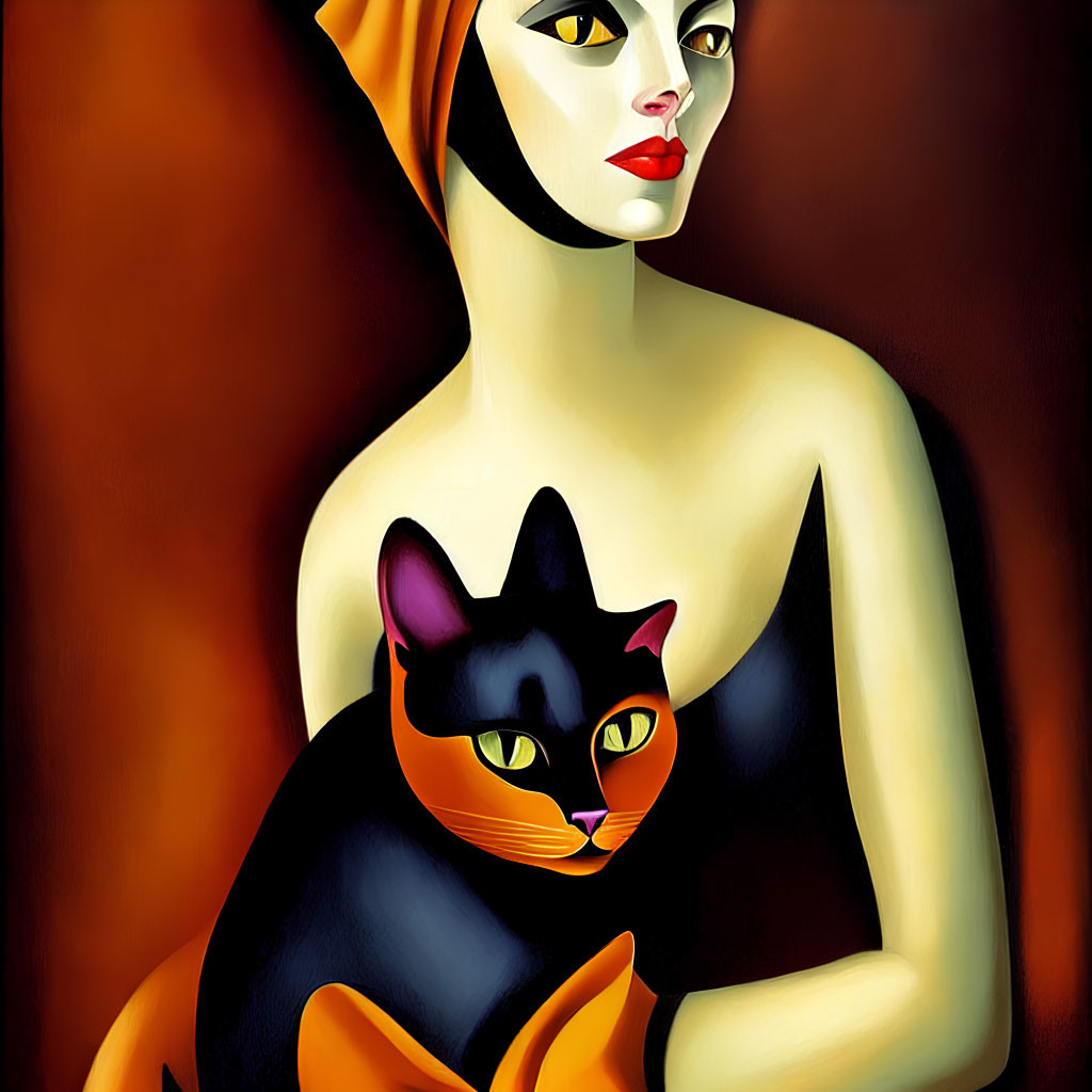 Woman with Red Lips Holding Cat on Warm Background