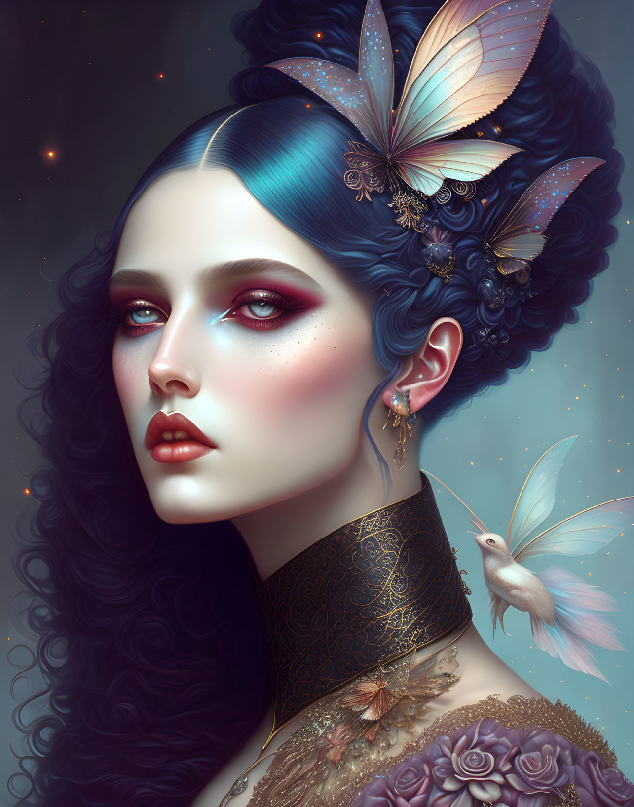 Fantasy portrait of woman with blue hair, butterflies, bird, and flowers against cosmic backdrop