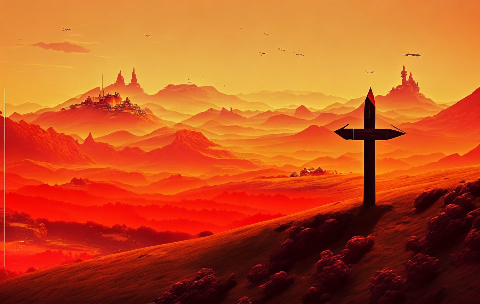 Red Futuristic Landscape with Mountains, Castles, Arrow Sign, Birds, and Hazy Glow