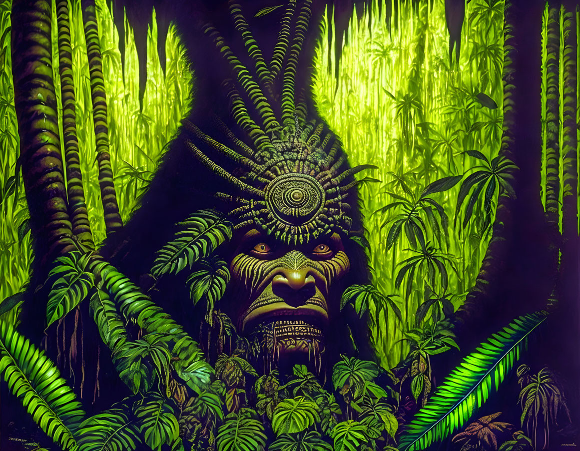 Colorful artwork: Stylized figure with gorilla face and tribal headdress in lush jungle.