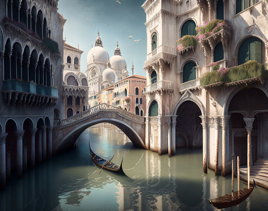 Tranquil Venice canal with gondola, ornate bridge, historic buildings, and greenery