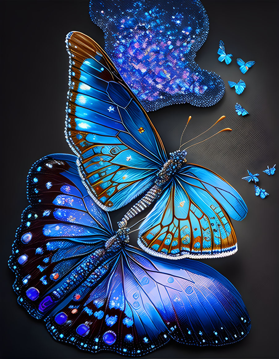 Blue butterflies digital art with sparkling wings on dark background