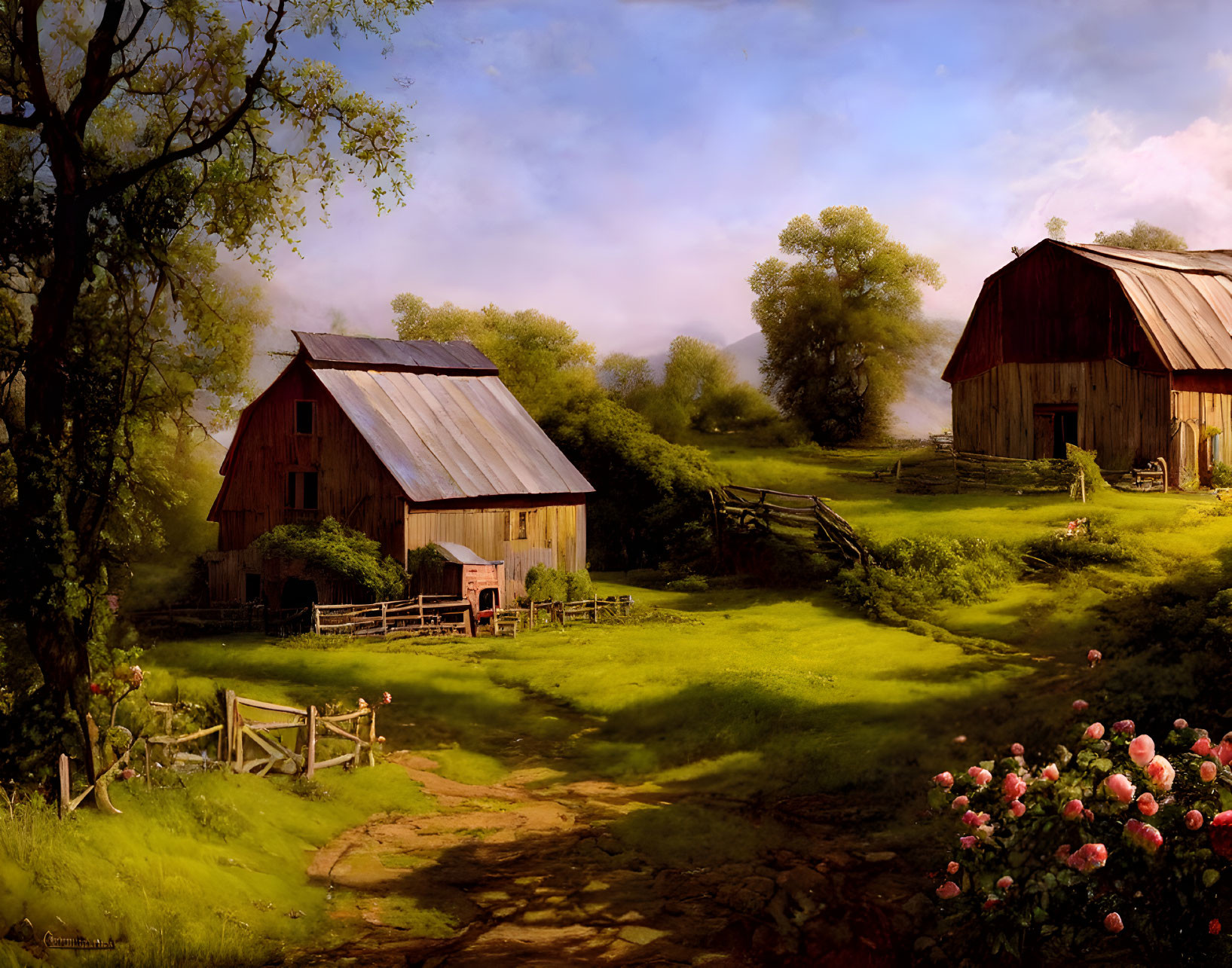 Rural landscape with red barns, greenery, wooden fence, and pink flowers