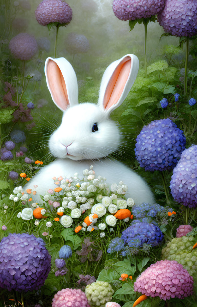 Whimsical digital artwork: White rabbit in colorful garden