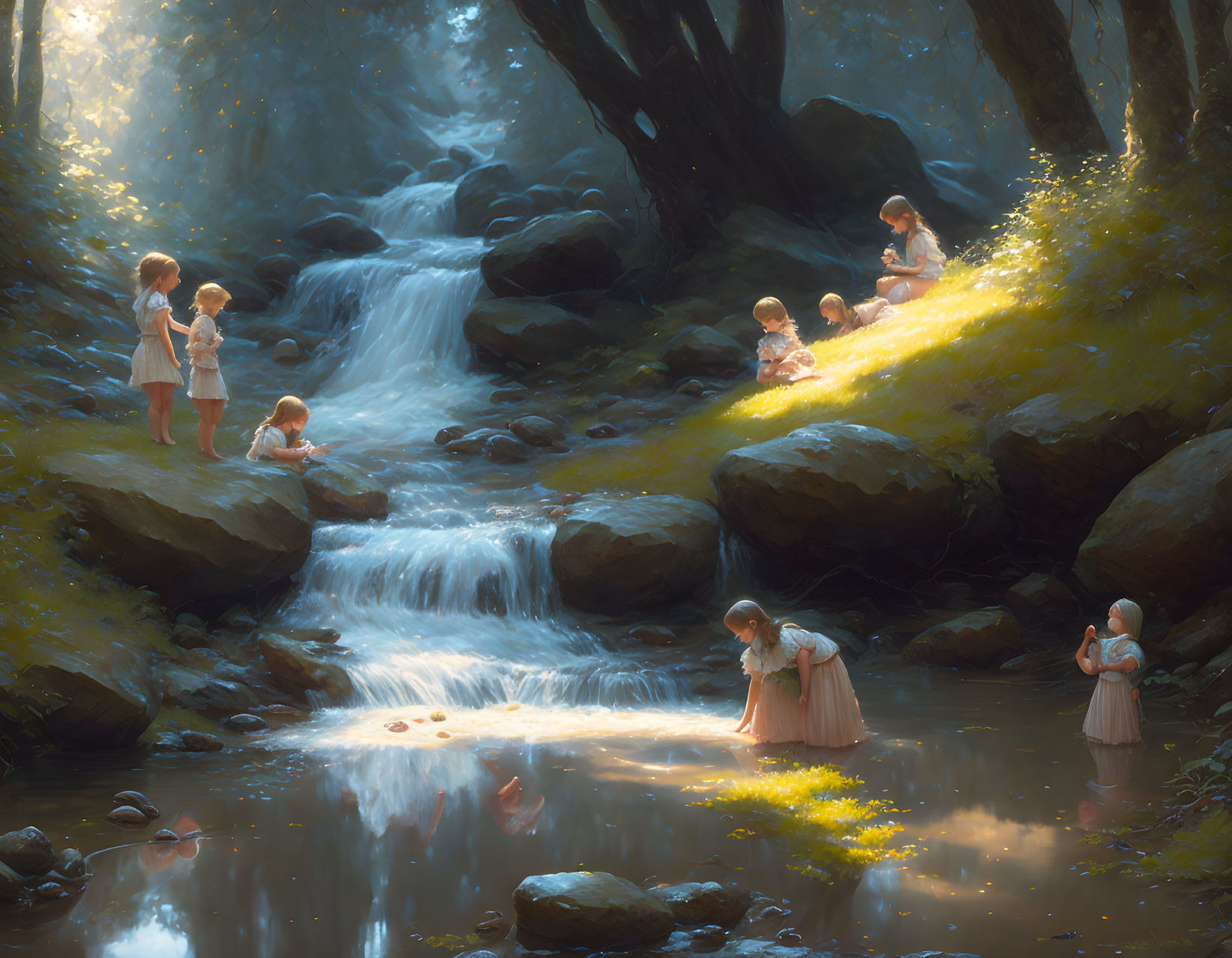 Tranquil landscape of children playing by stream and waterfalls