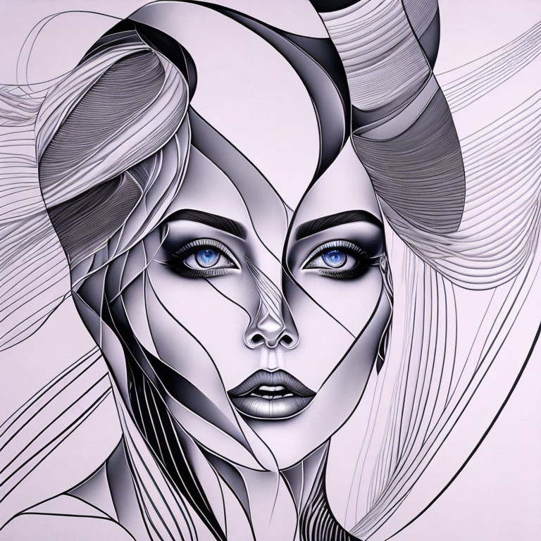 Monochromatic stylized woman with abstract hair and blue eyes