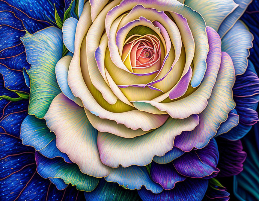 Colorful digitally-enhanced rose on blue petal background