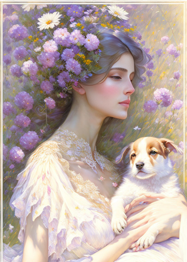 Illustration of woman with flowers in hair holding small dog in floral setting