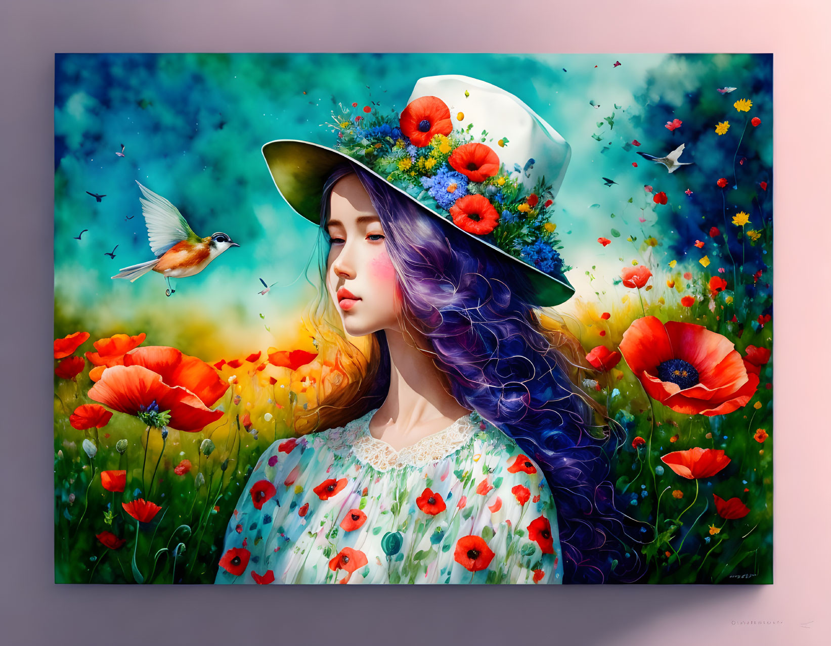 Woman with long purple hair in poppy hat surrounded by vibrant field and hummingbirds