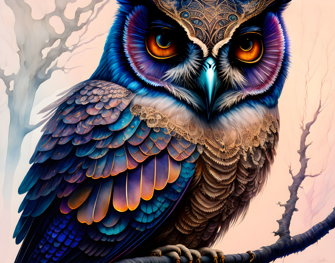 Colorful Owl Artwork with Detailed Patterns and Mystical Gaze