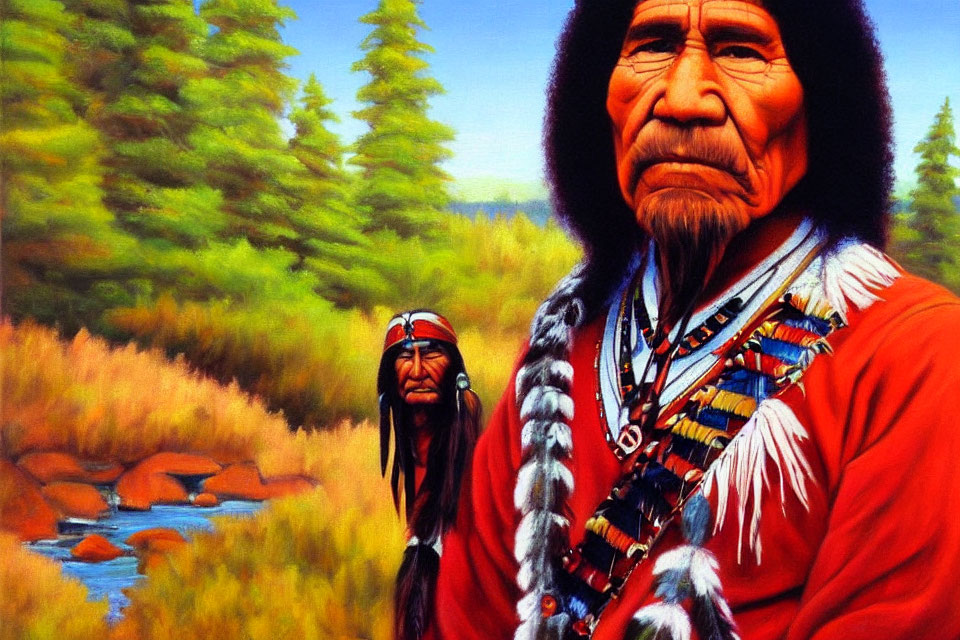 Traditional Native American individuals in vibrant landscape with trees and stream.