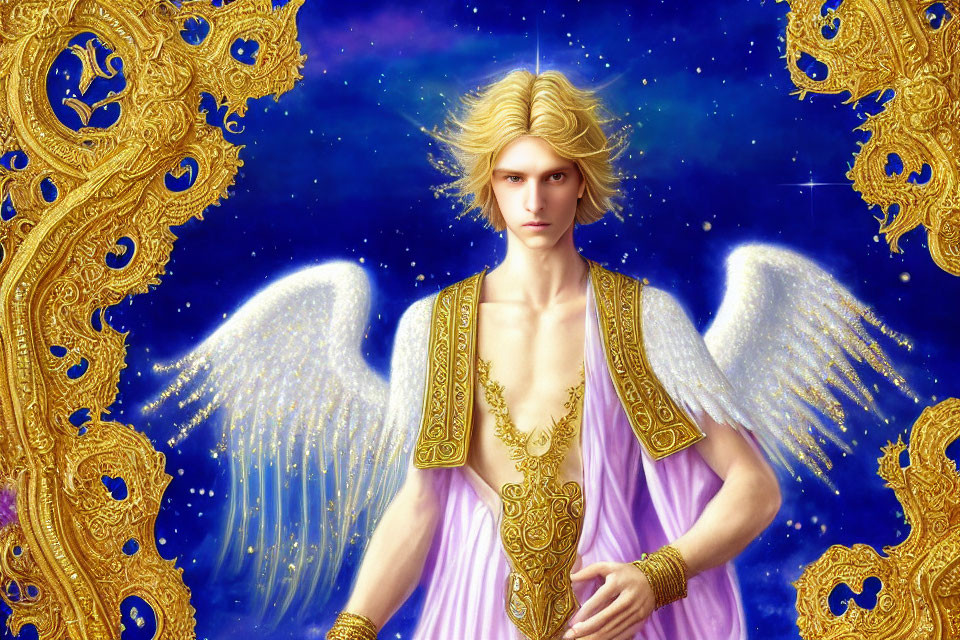 Golden-winged angel in purple robe against starry backdrop