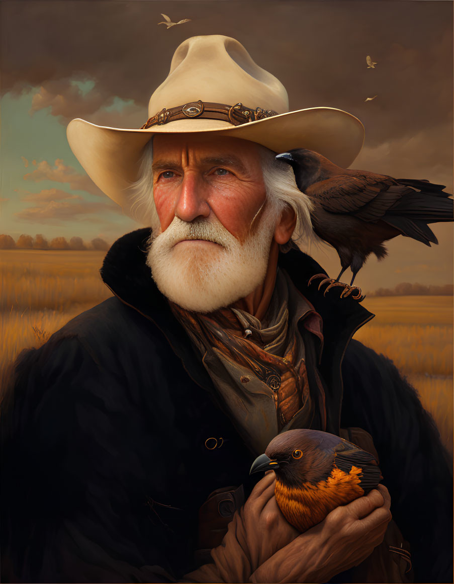 Elderly man with white beard in cowboy hat holding birds in field at dusk