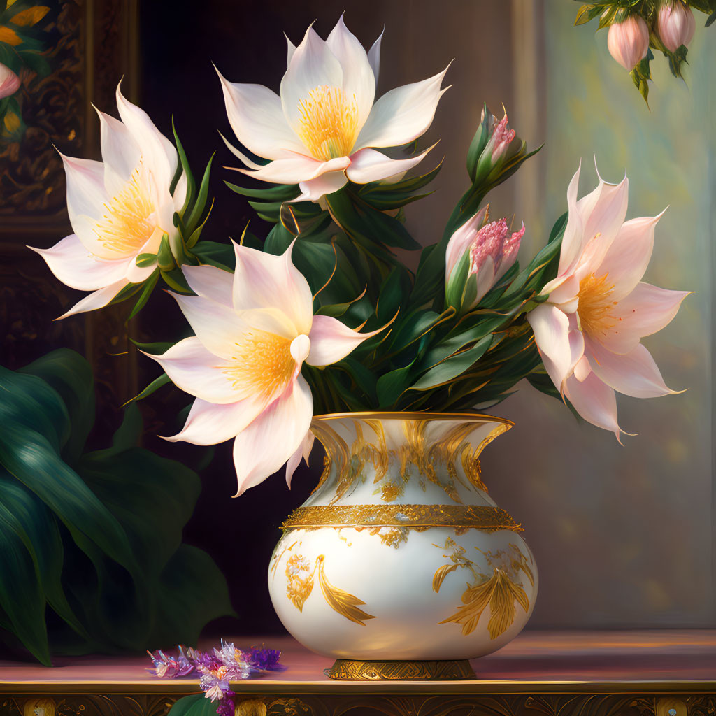 Delicate white and pink flowers in golden vase on dark background