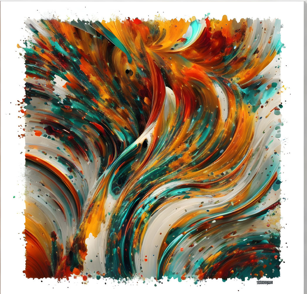 Colorful abstract art with orange, black, and teal swirls on white background