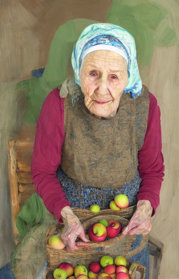 Elderly woman with headscarf holding colorful apples