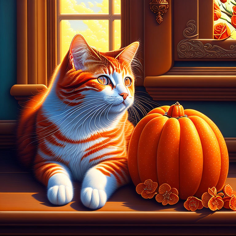 Orange Tabby Cat Sitting by Window with Pumpkin in Warm Sunlight