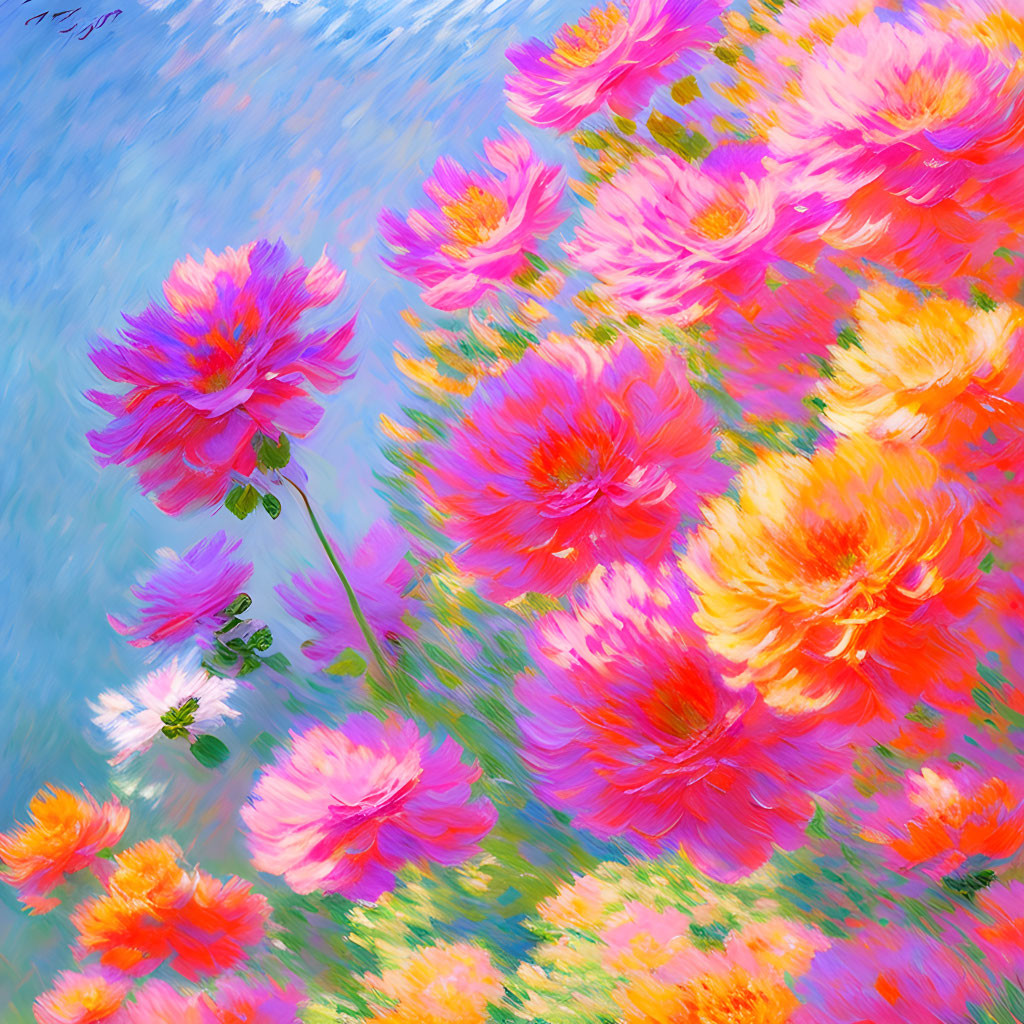 Colorful floral painting with thick brushstrokes on textured blue background