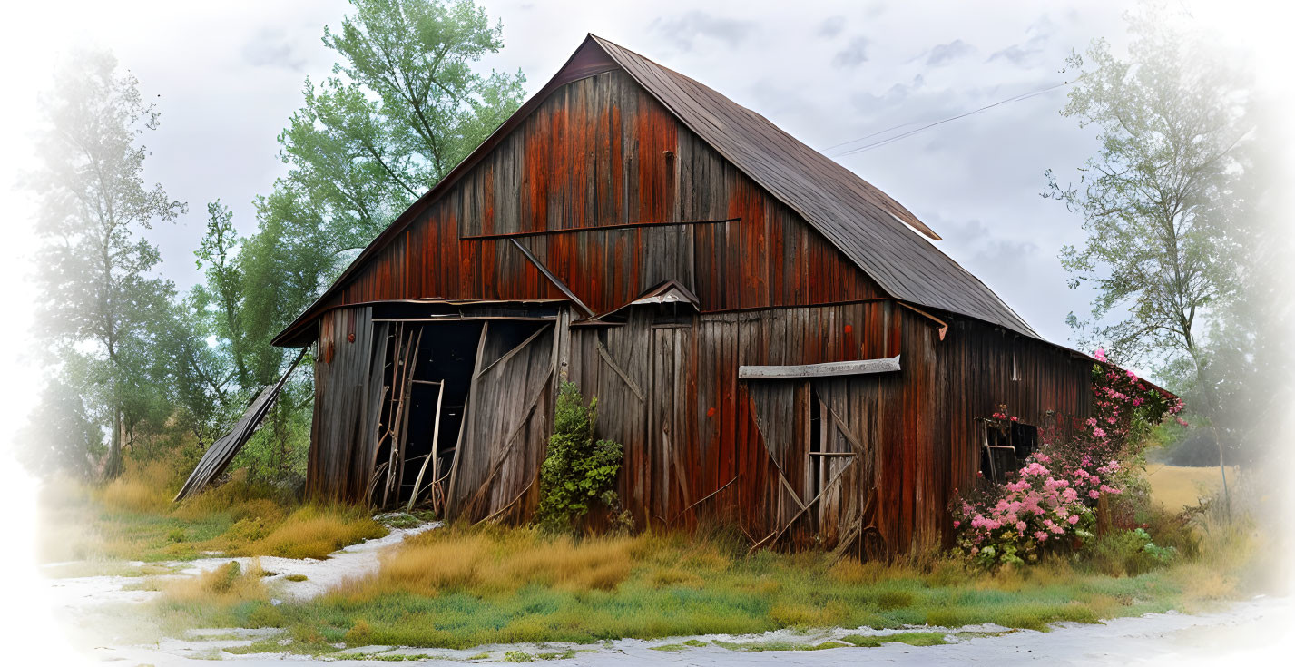 Weathered Red Barn Surrounded by Overgrown Grass and Pink Flowers