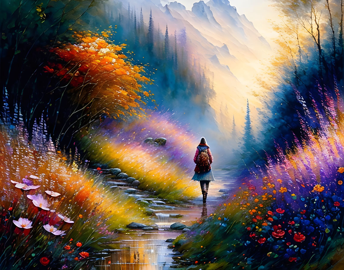 Person walking on path by stream with autumn trees, flowers, and misty mountains.