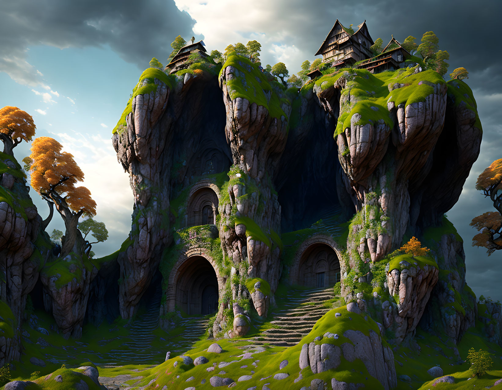 Fantastical landscape with towering rock formations and lush greenery under dramatic sky