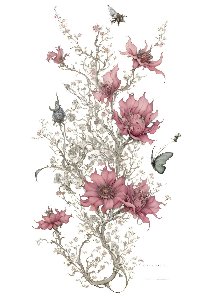 Detailed Pink Flower Artwork with Birds and Butterflies on White Background