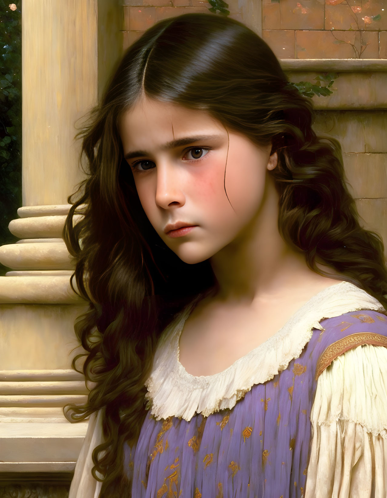 Realistic portrait of young girl in vintage purple and yellow dress