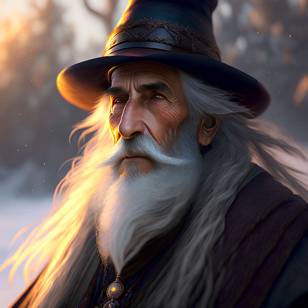 Elderly wizard with long white beard and blue hat gazes thoughtfully