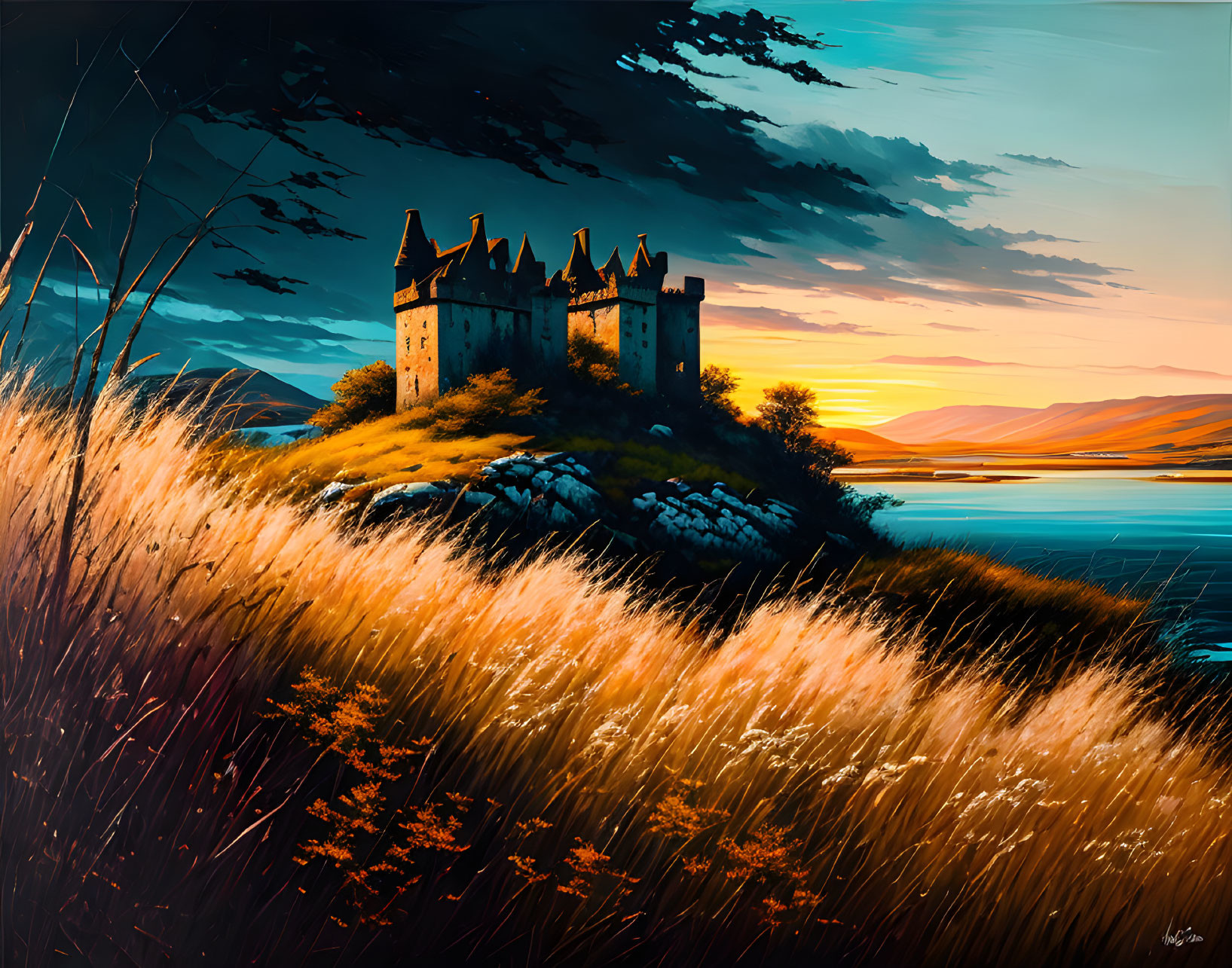 Castle on Hill with Golden Foliage and Sunset Reflections