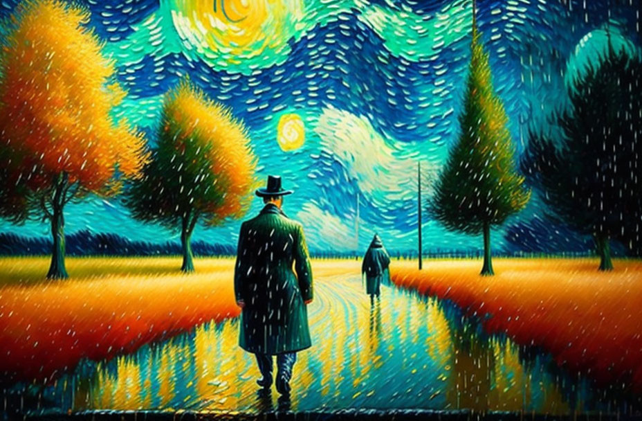 Colorful Painting of Figures with Umbrellas on Vibrant Path